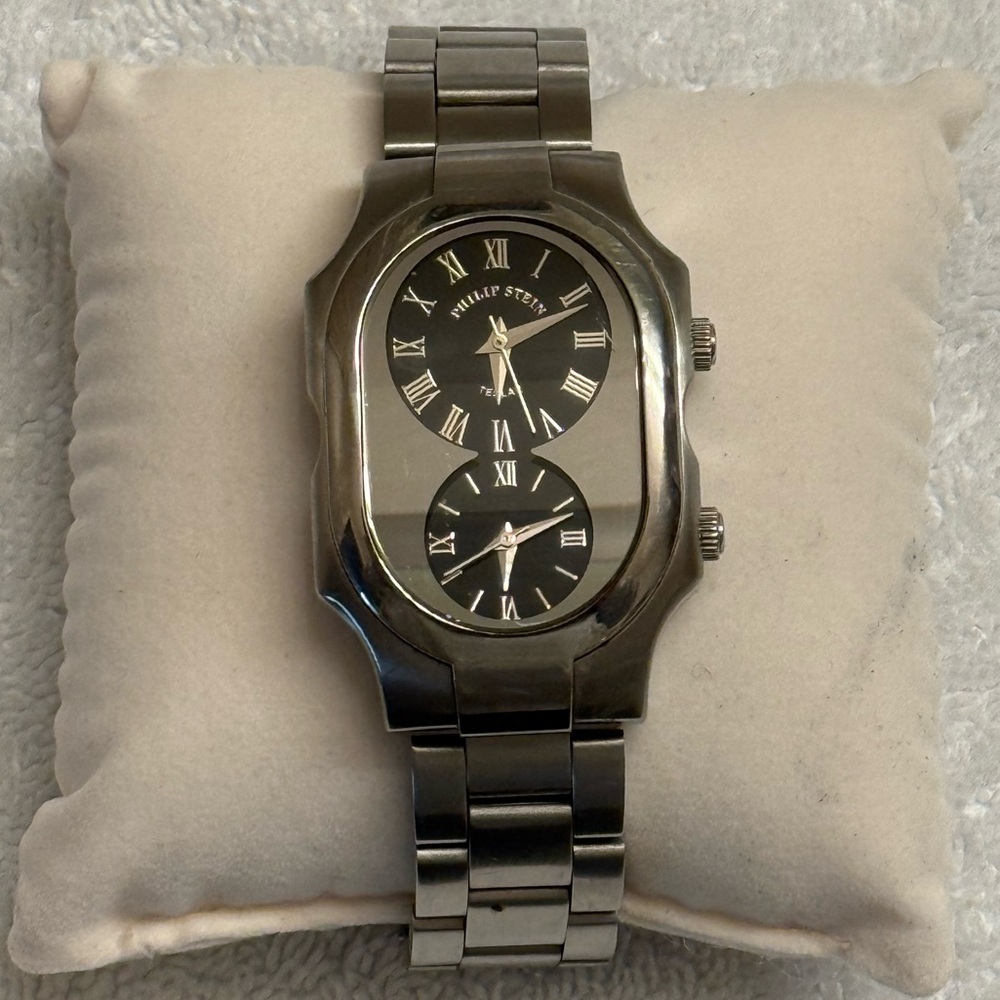 Philip Stein Black Face Dual Time Zone Teslar Watch. 3 ATM Water Resistant.